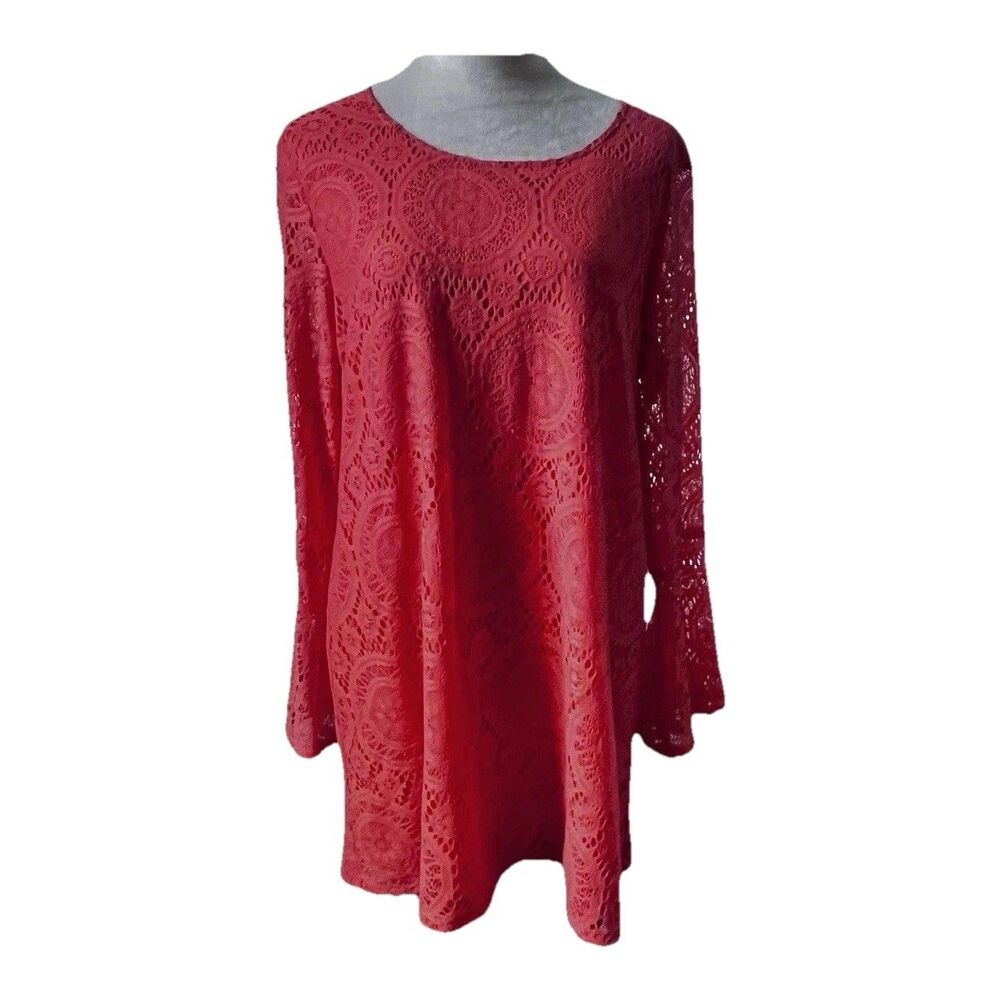 Tacera Women's Dark Peach Lace Dress Long Sleeves Bell Cuffs Fully Lined XL